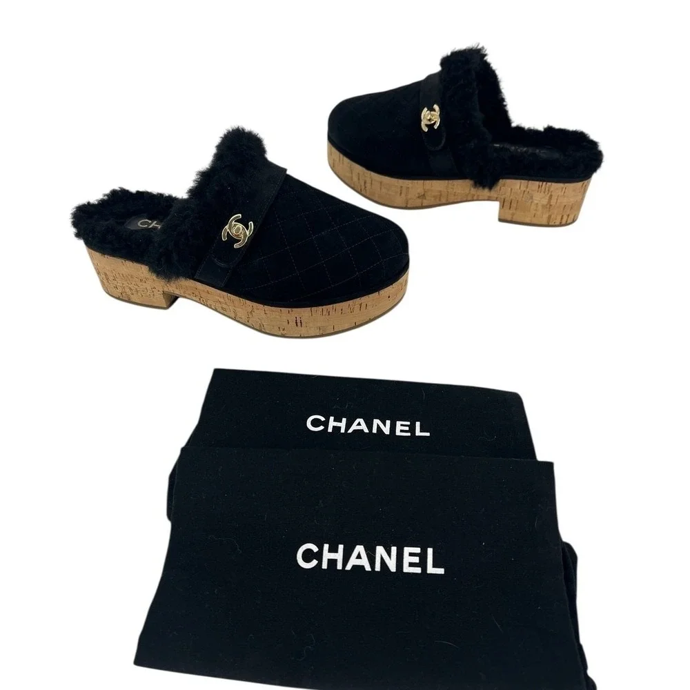Chanel 21A Black Shearling‎ CC Turn Clasp Quilt Cork Mules Size 36